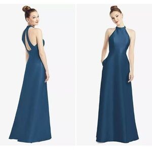 NWT Alfred Sung D772 High Neck Cutout Satin Twill Dress Dusk Blue